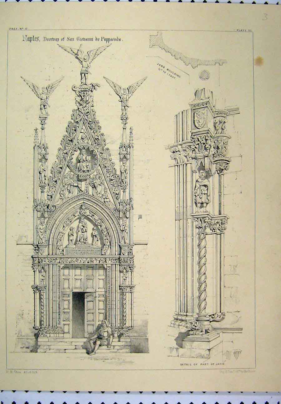 Original Old Antique Print C1870 Italy Naples Doorway Jamb Moulding Victorian