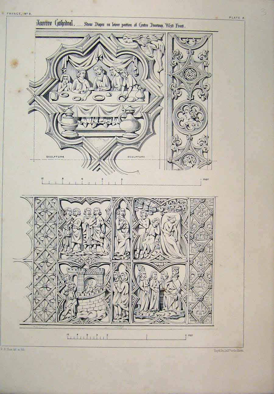 Original Old Antique Print C1870 France Cathedral Sculpture Lower Dorrway Front