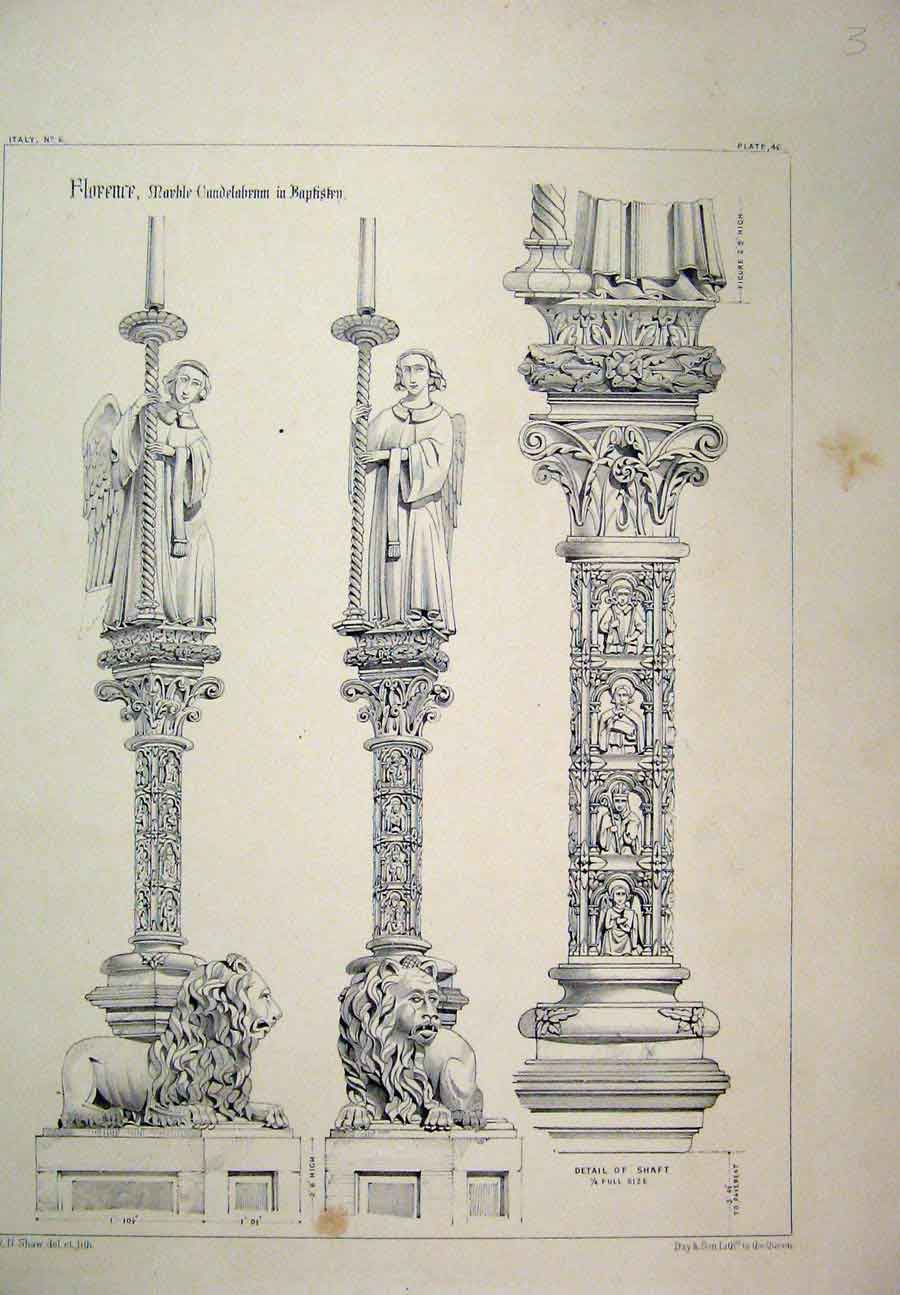 Original Old Antique Print Italy C1870 Florence Marble Bapistry Lion Column