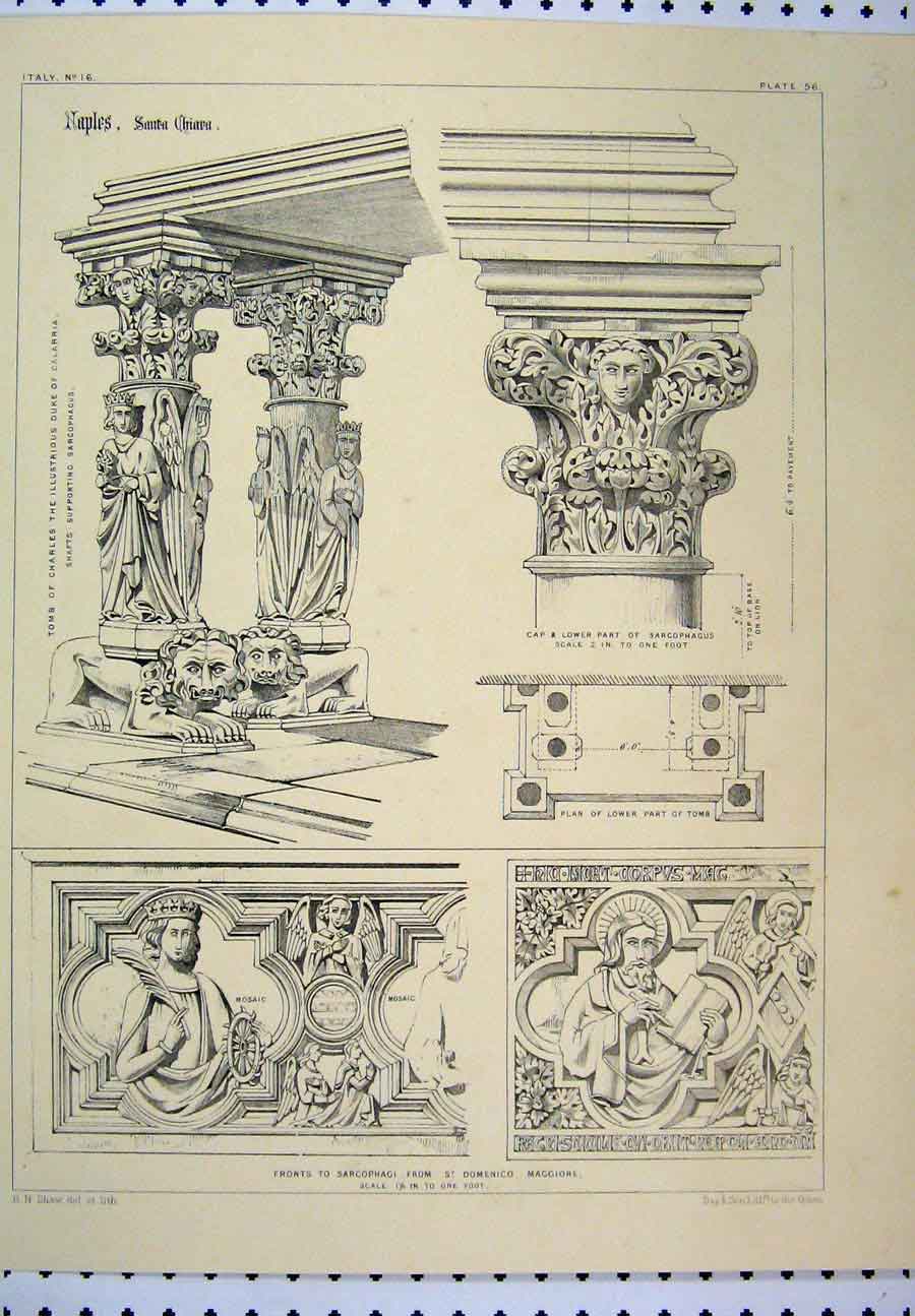 Original Old Antique Print Italy Naples C1870 Sarcophagi Domenico Tomb Charles