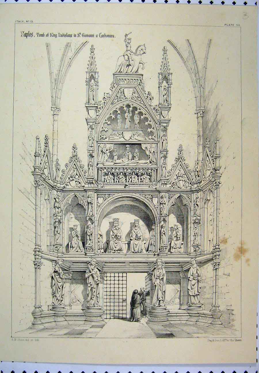 Original Old Antique Print Italy C1870 Naples Tomb King Ladislaus Shaw 19th