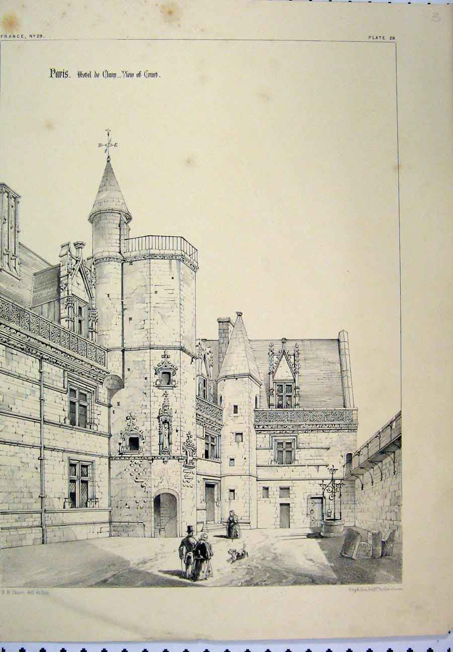 Original Old Antique Print C1870 France Paris Hotel Courtyard Shaw Victorian