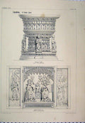 Original Old Antique Print C1870 Germany Bronze Font Wood Tryptich Shaw 19th