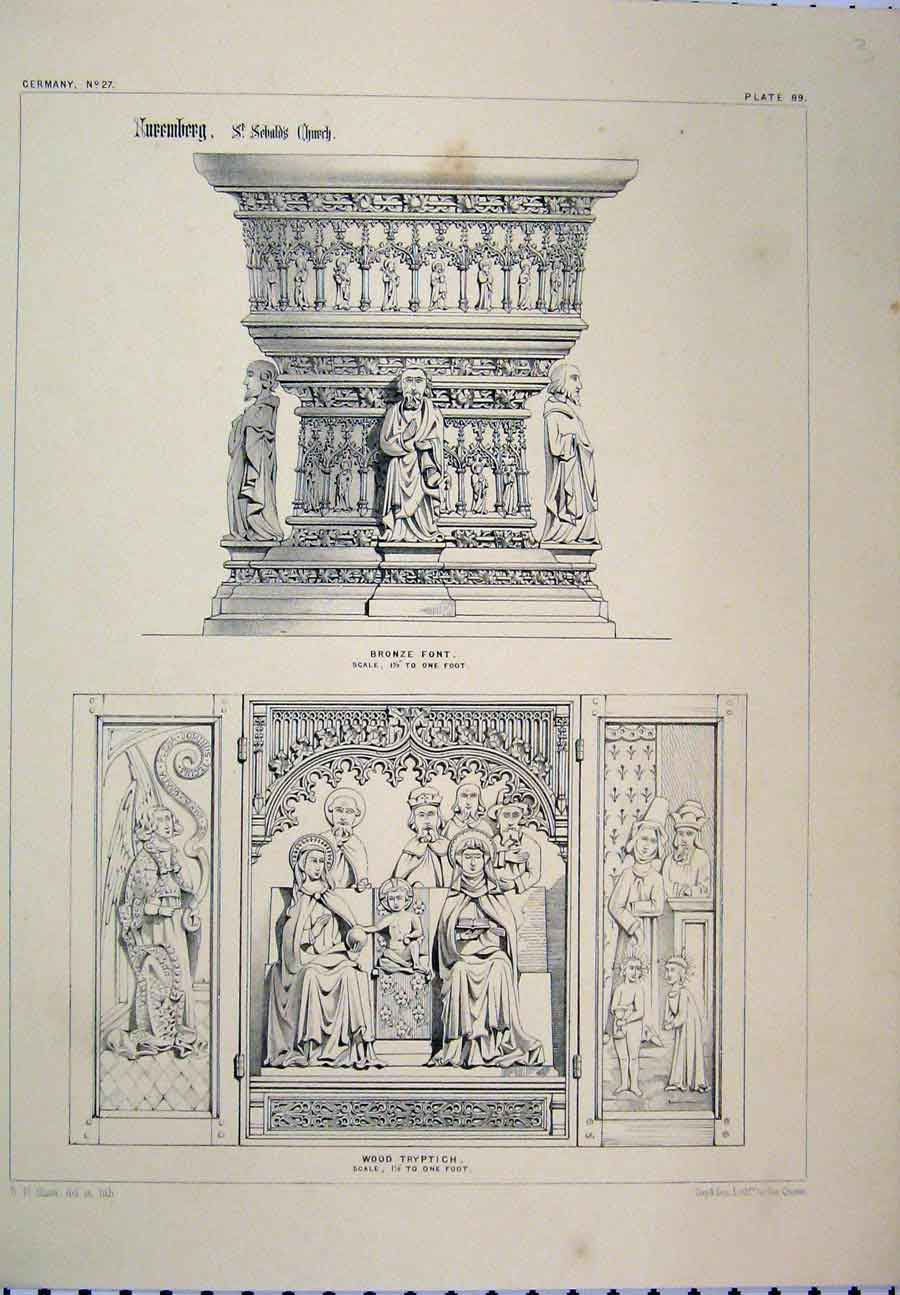 Original Old Antique Print C1870 Germany Bronze Font Wood Tryptich Shaw 19th
