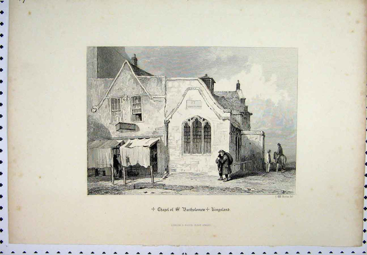 Original Old Antique Print C1880 Chapel Bartholomew Kinsland Scene Horse Man