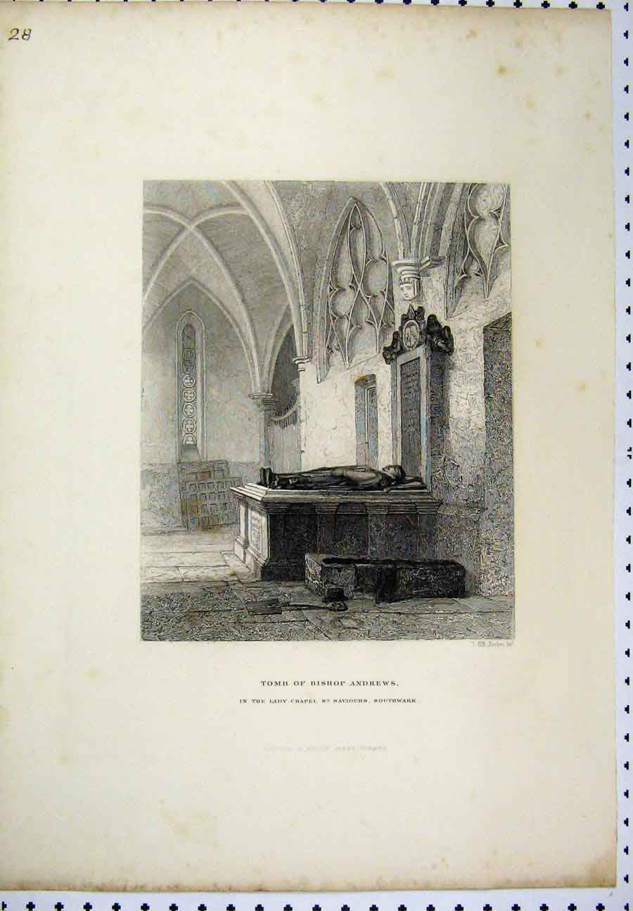 Original Old Antique Print C1880 Tomb Bishop Andrews Lady Chapel Southwark 19th