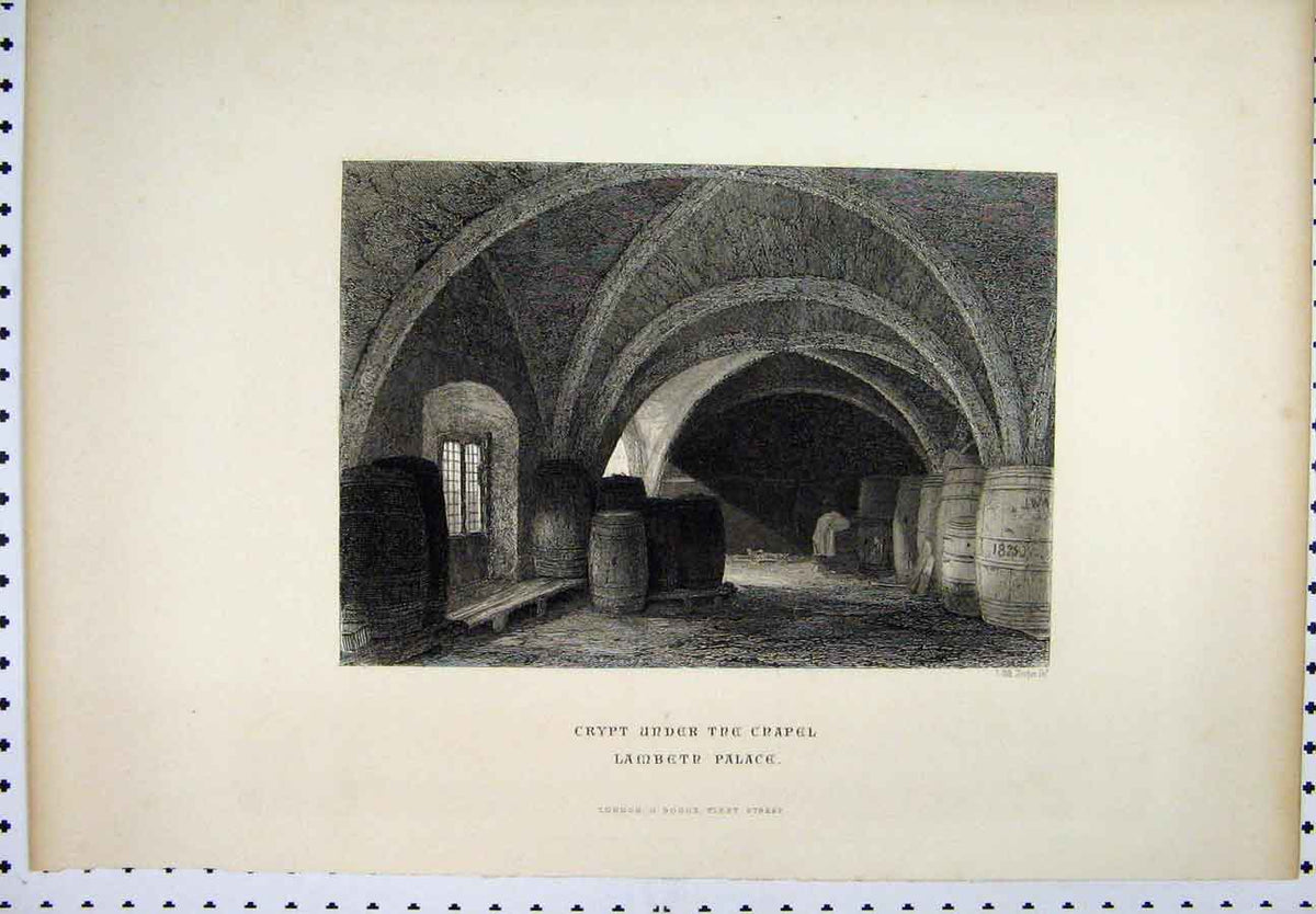 Original Old Antique Print Crypt Under Chapel Lambeth Palace C1880 London 19th