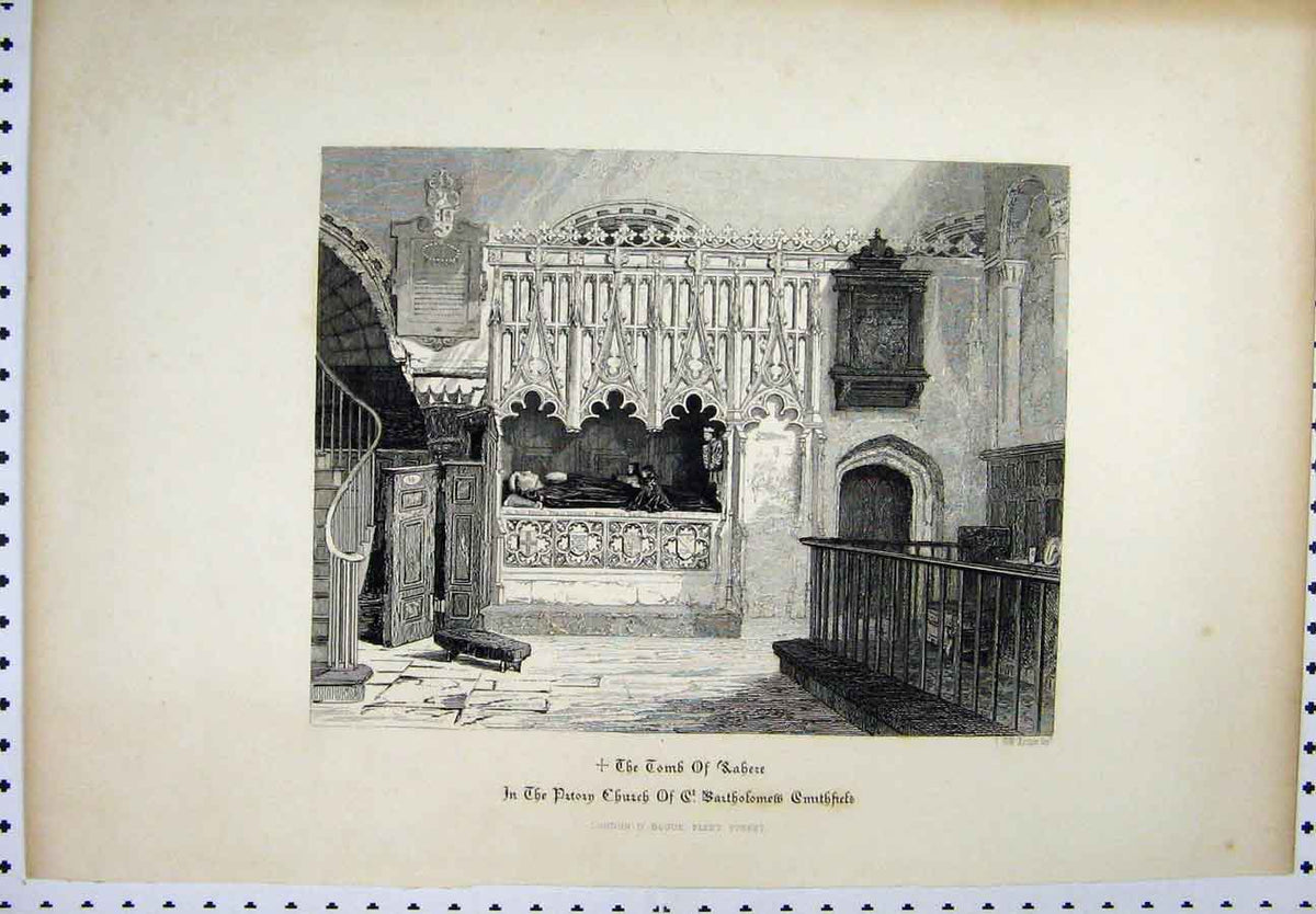 Original Old Antique Print Tomb Babeze C1880 Church Bartholomews 19th