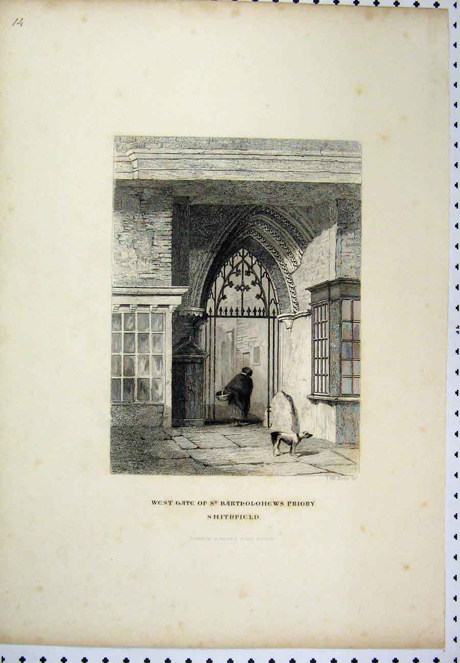Original Old Antique Print C1880 West Gate Bartholomews Priory Smithfield 19th