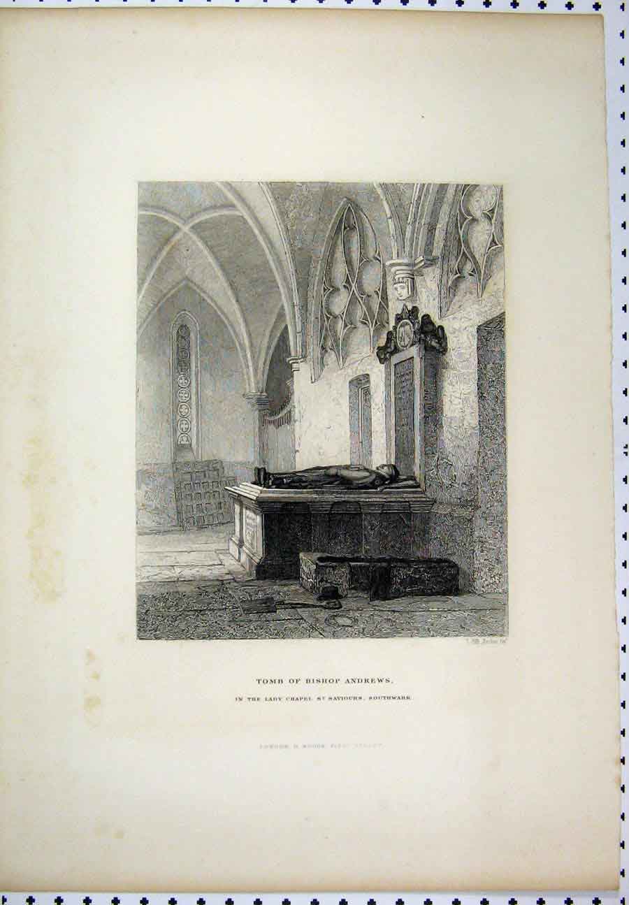 Original Old Antique Print C1880 Tomb Bishops Andrews Lady Chapel Southwark