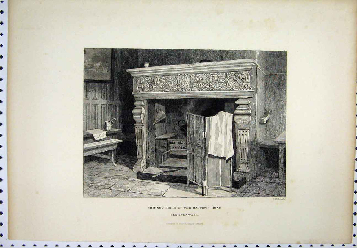 Original Old Antique Print C1880 Chimney Piece Baptists Head Clerkenwell 19th
