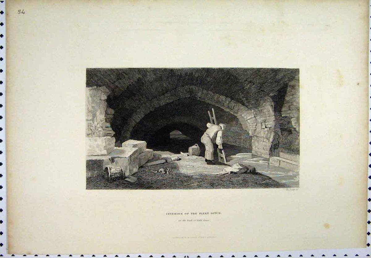 Old Antique Print C1880 Interior Fleet Ditch Field Lane Man Ladder Tunnel 19th