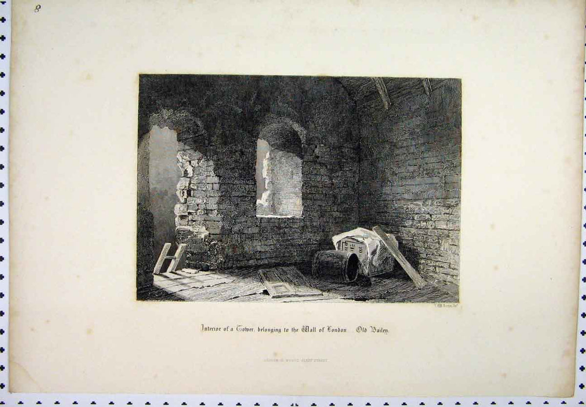 Original Old Antique Print C1880 Interior Tower Wall London Bailey Ladder 19th
