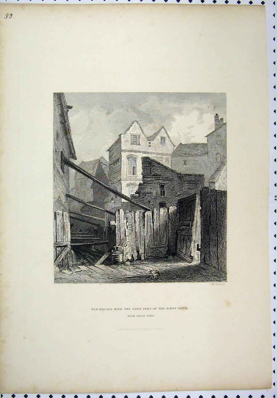 Original Old Antique Print C1880 Houses Open Part Fleet Ditch Street Scene 19th