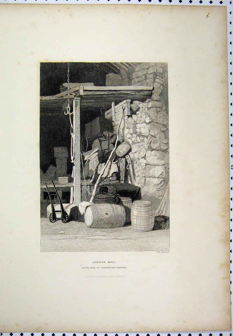 Original Old Antique Print C1880 London Wall South Cripplegate Postern 19th