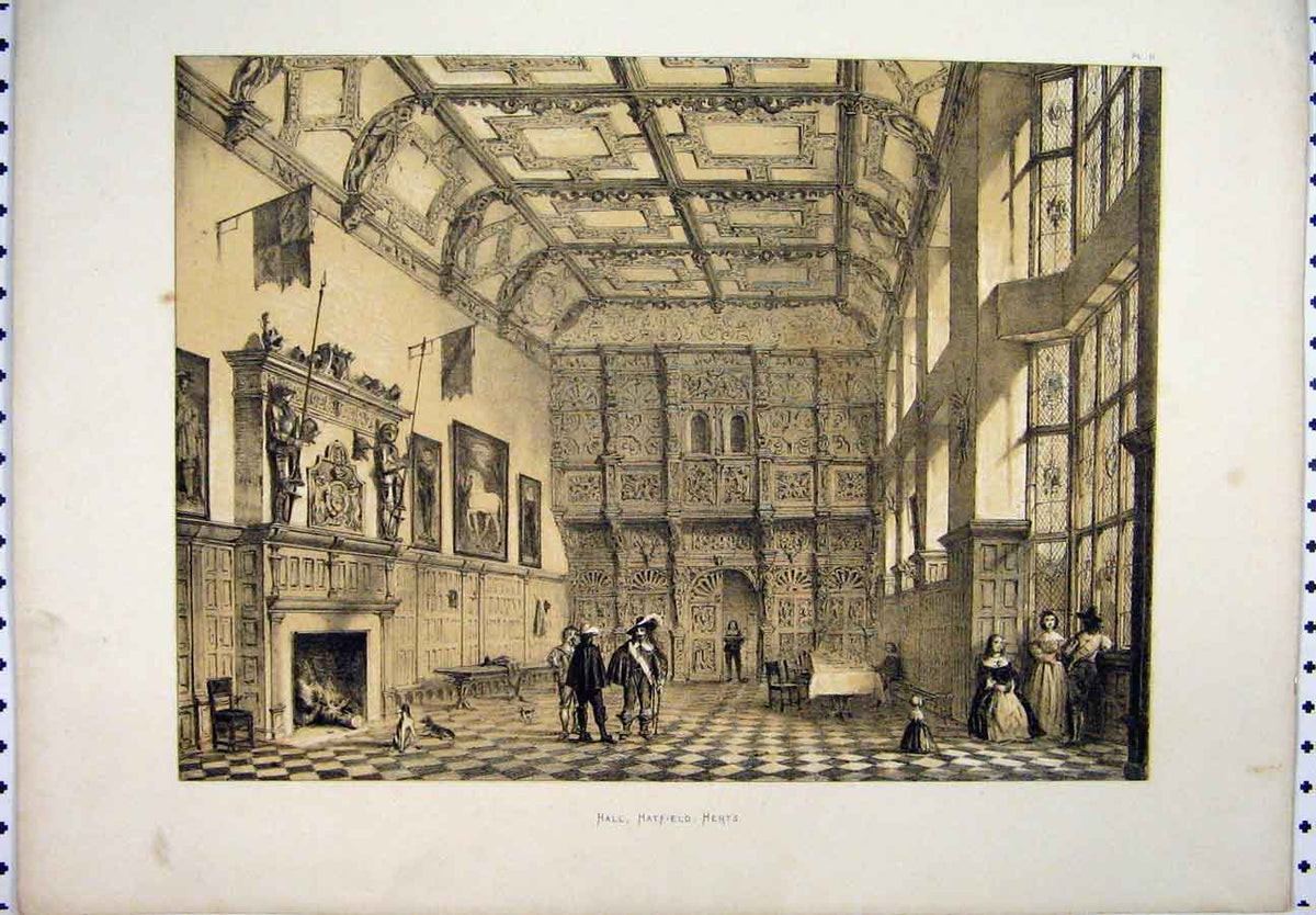 Original Old Antique Print C1800 Sepia Hall Scene Hatfield Herts People Dogs