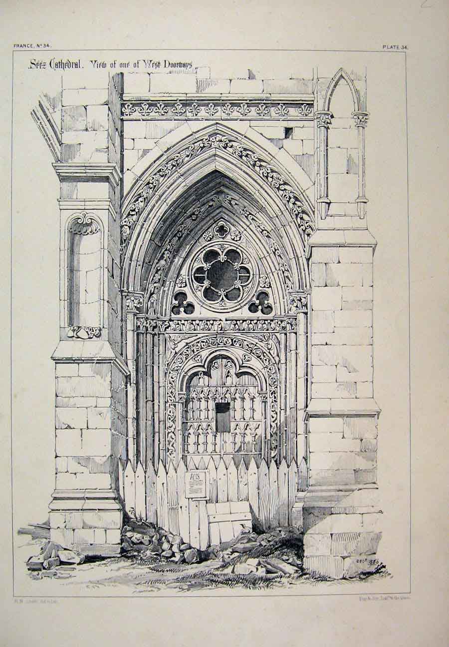 Original Old Antique Print France Architectural C1870 Seez Cathedral Doorway