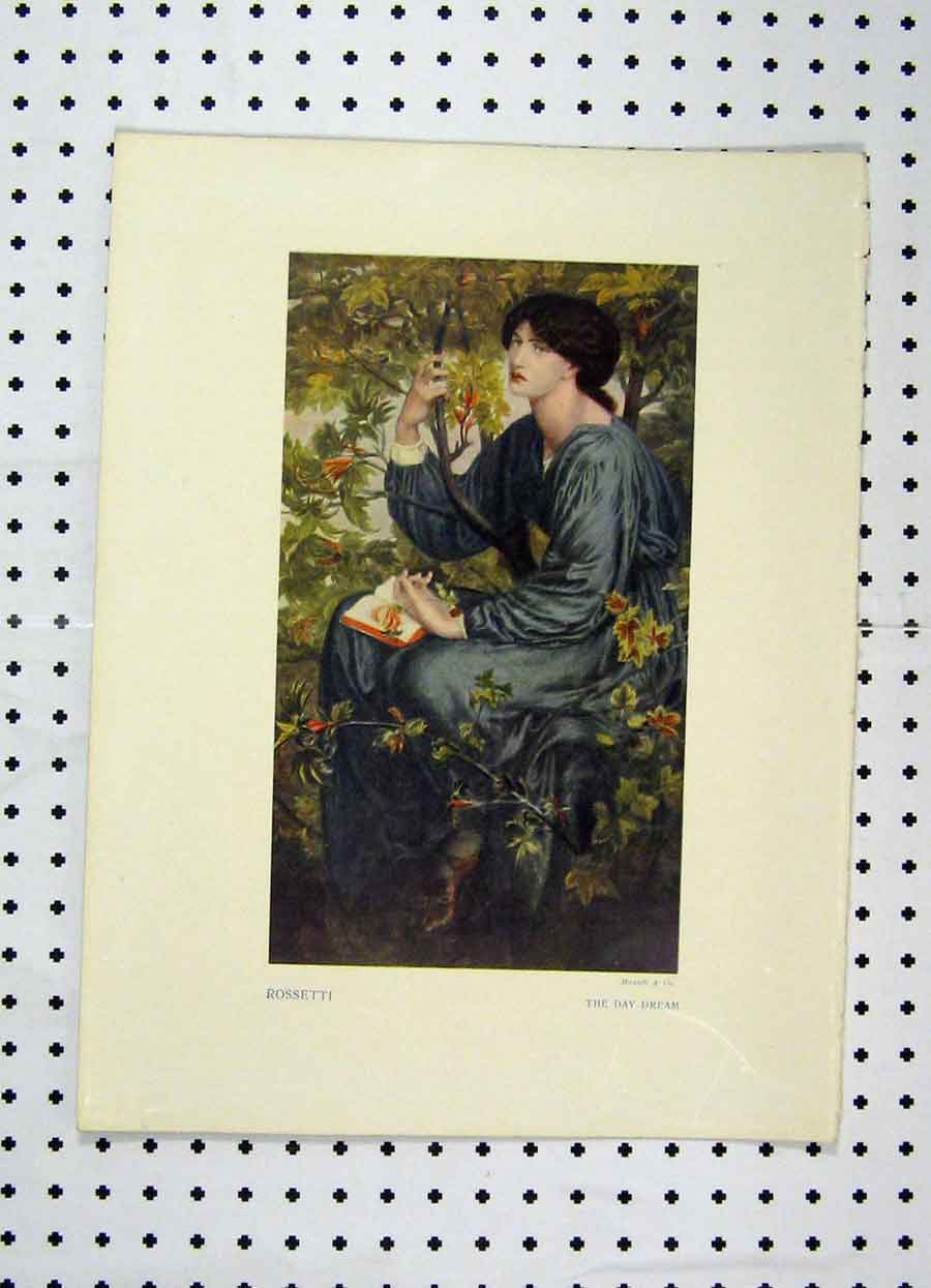 Original Old Antique Print Colour Woman Sitting Flowers Rosstti Day Dream