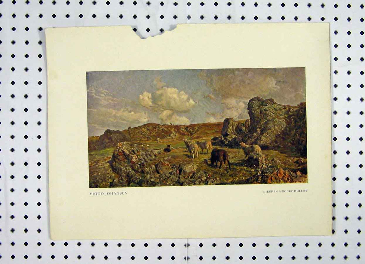 Original Old Antique Print Colour Country Scene Sheep Rocky Hollow