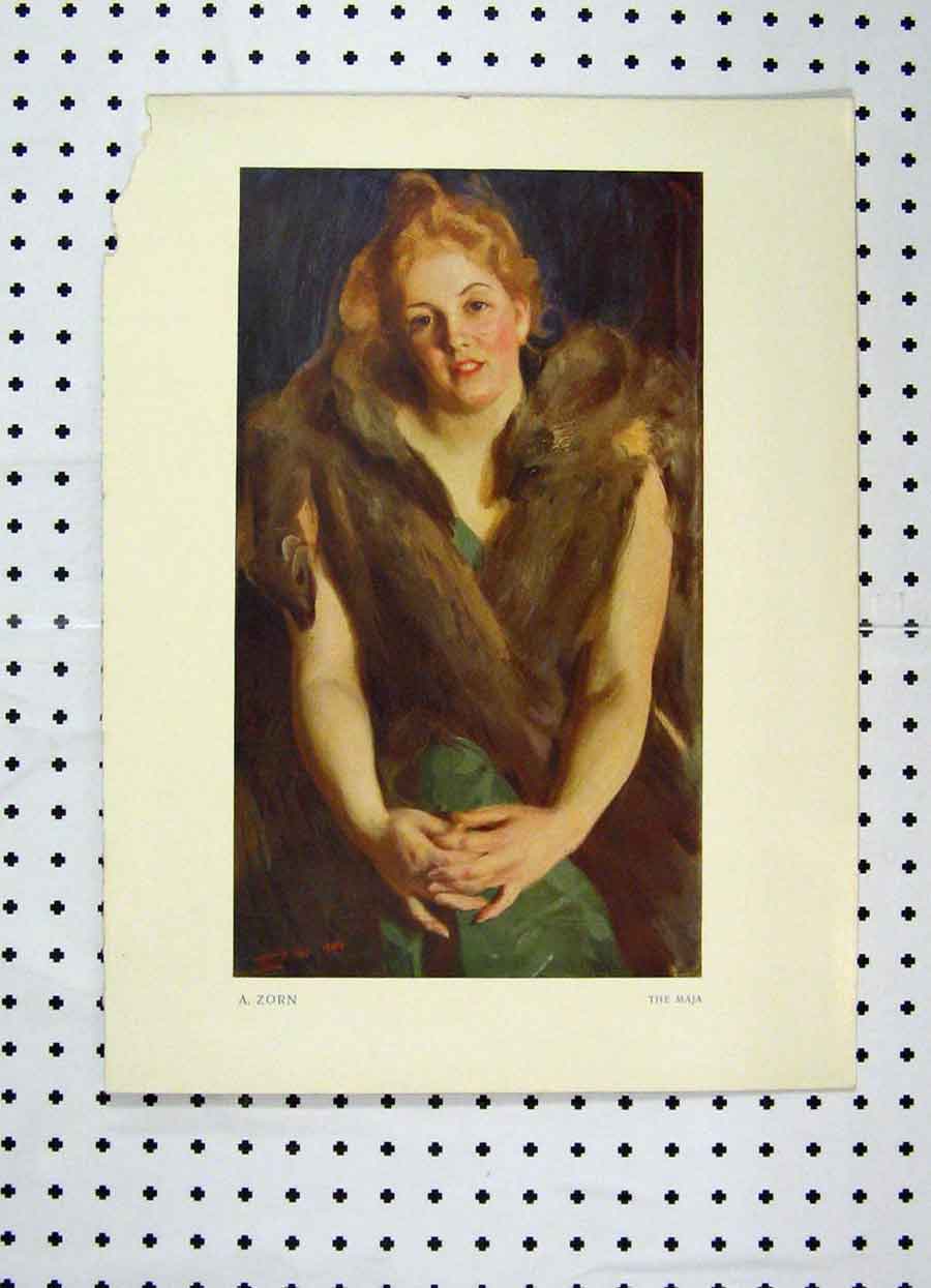 Original Old Antique Print Colour Beautiful Woman Fur Collar