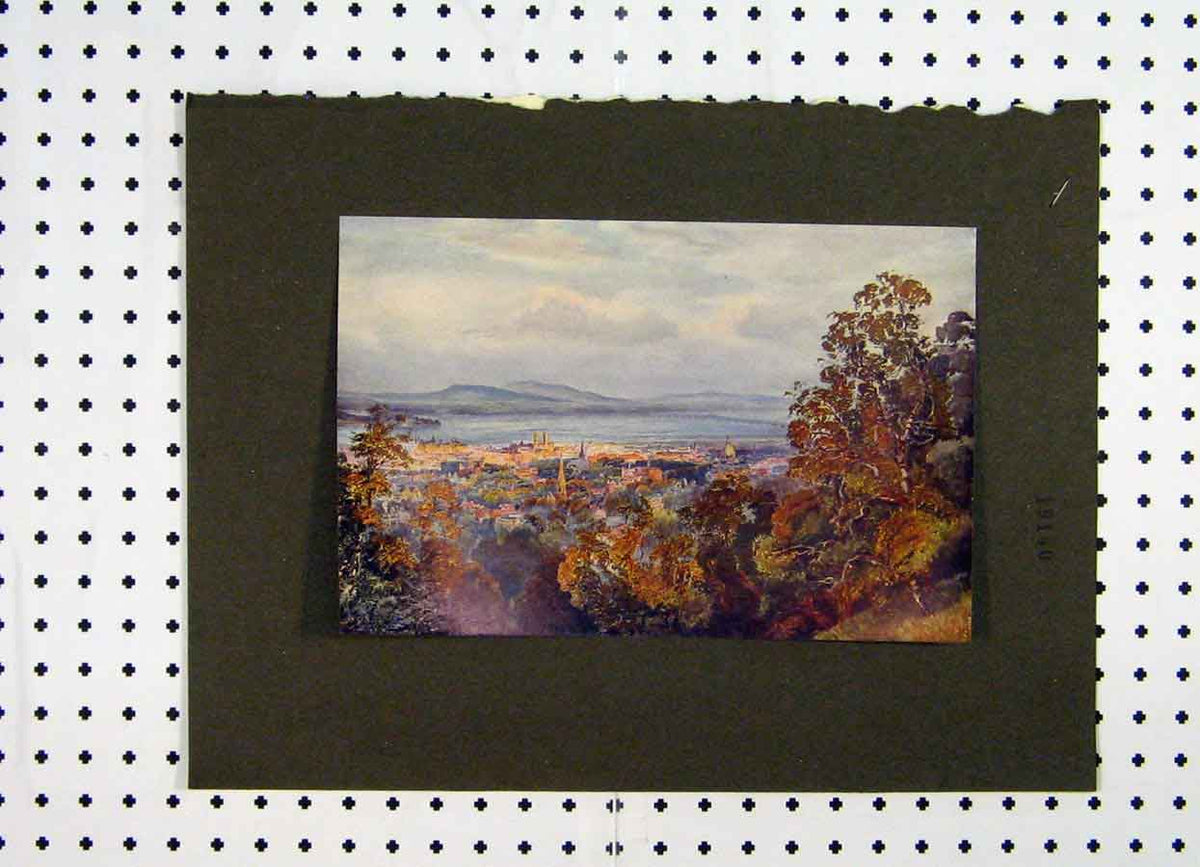 Original Old Antique Print Colour View Town Country Scene Sea