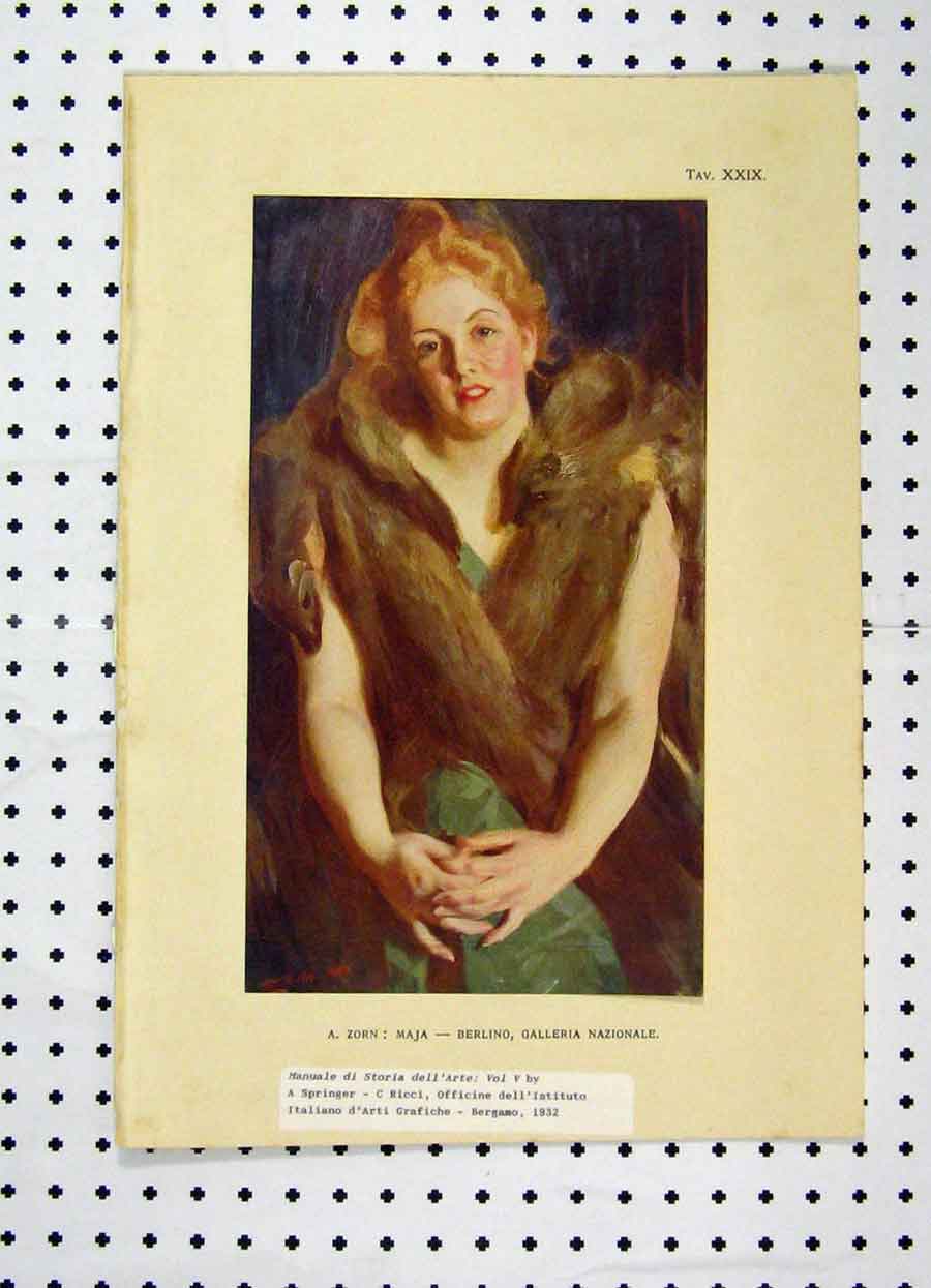 Original Old Vintage Print 1932 Colour Portrait Beautiful Woman Fur Collar 20th