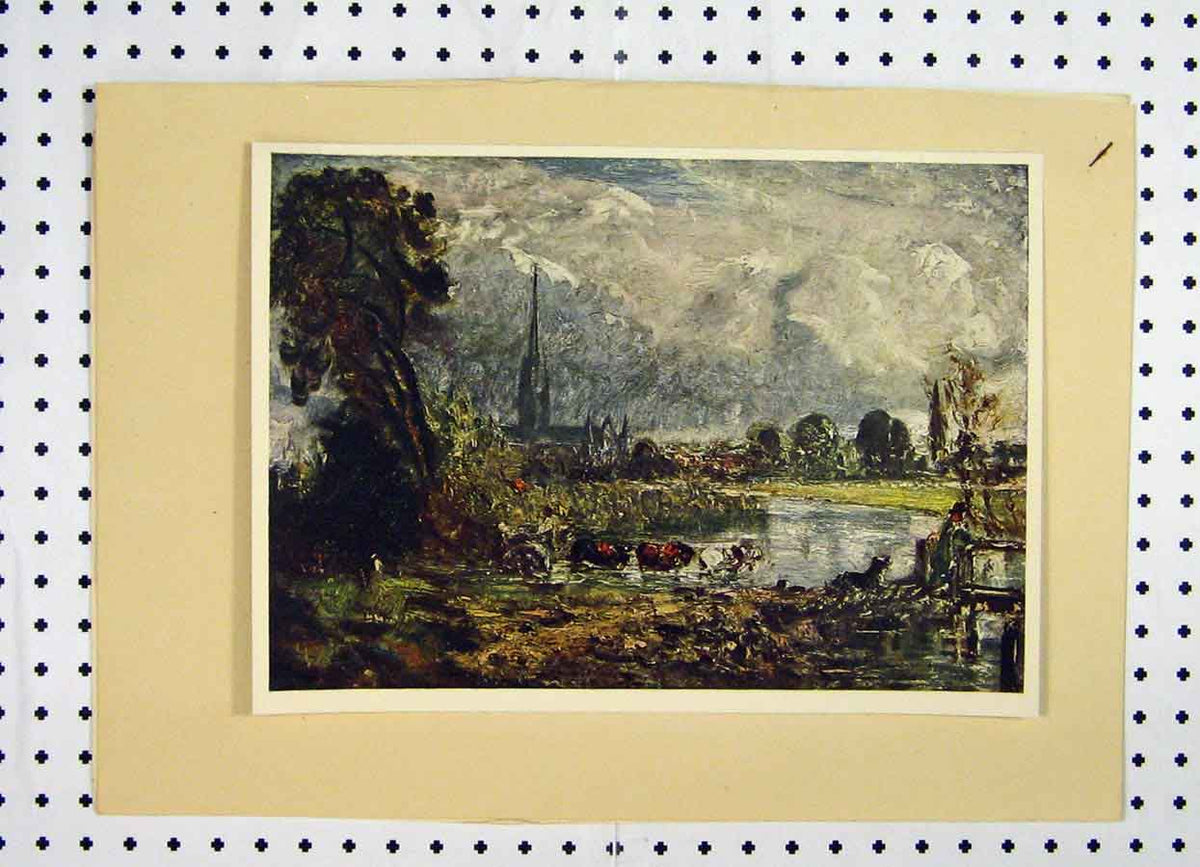 Original Old Antique Print Colour View Salisbury Cathedral Oil Country