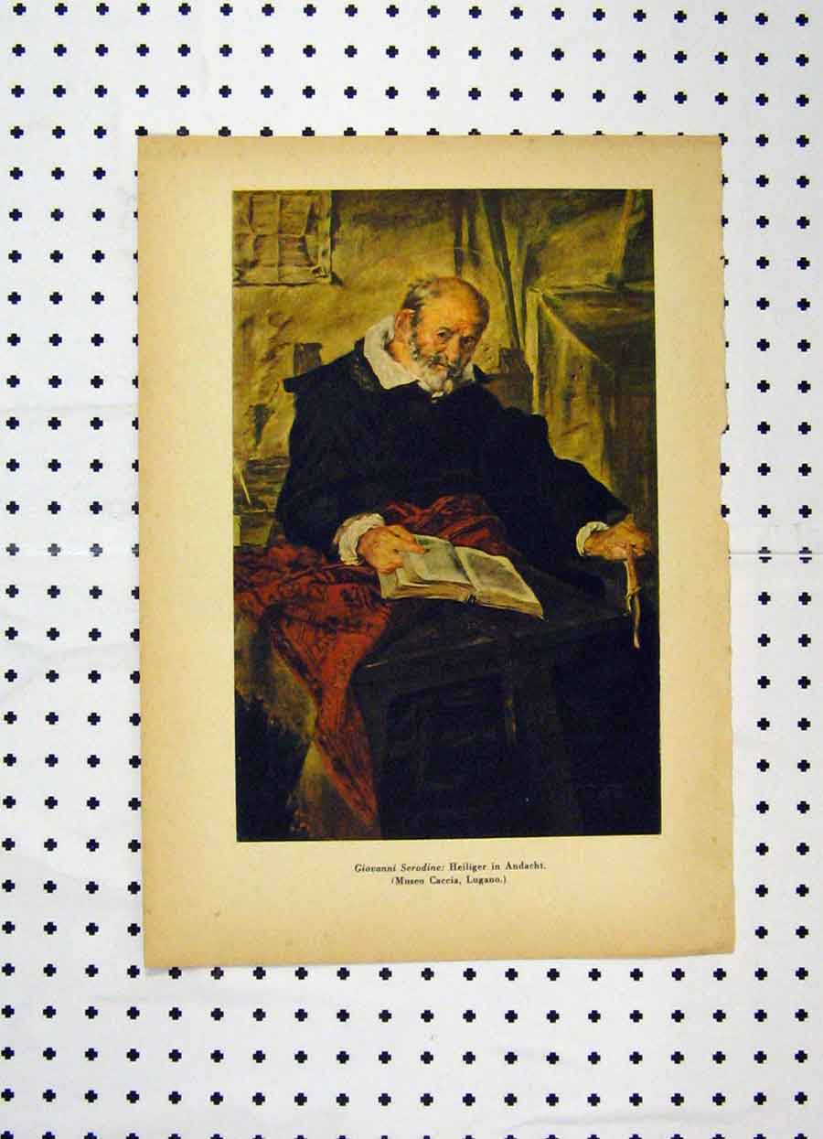 Original Old Antique Print Portrait Giovanni Serodine Man Reading Book Colour