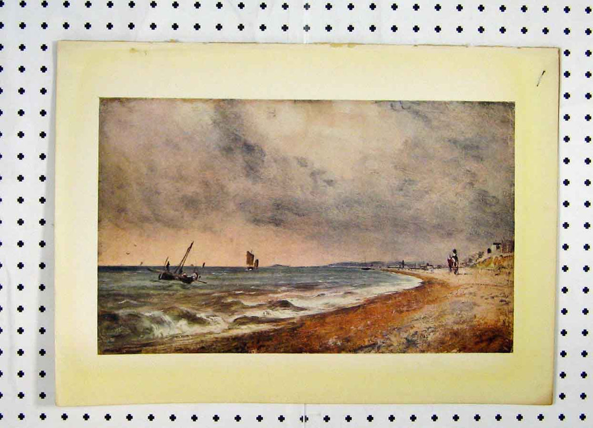 Original Old Antique Print Colour Coast Scene Fishing Boats John Constable