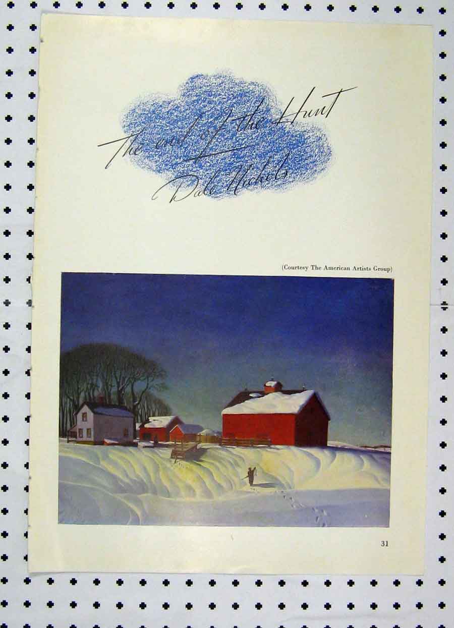 Original Old Antique Print Colour Snow Scene Houses America