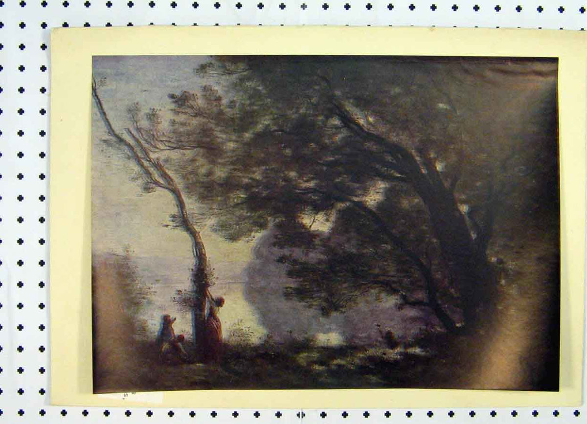 Original Old Antique Print Landscape Country Scene Trees Lake Camille Corot