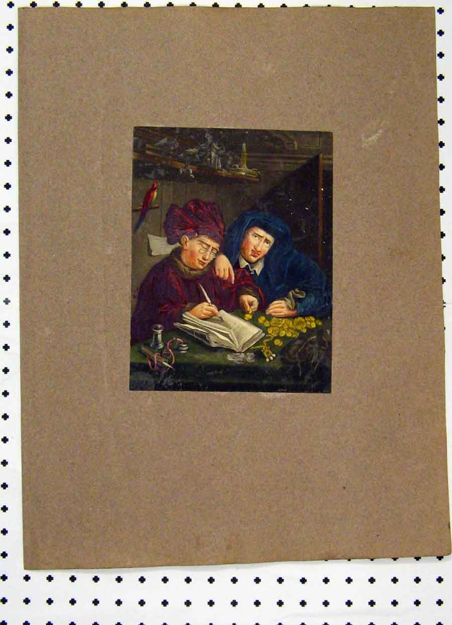 Original Old Antique Print Colour Men Cloaks Writing Book Counting Money