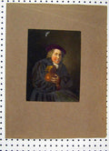 Original Old Antique Print Colour Portrait Man Broken Jug Purple Berry Hat