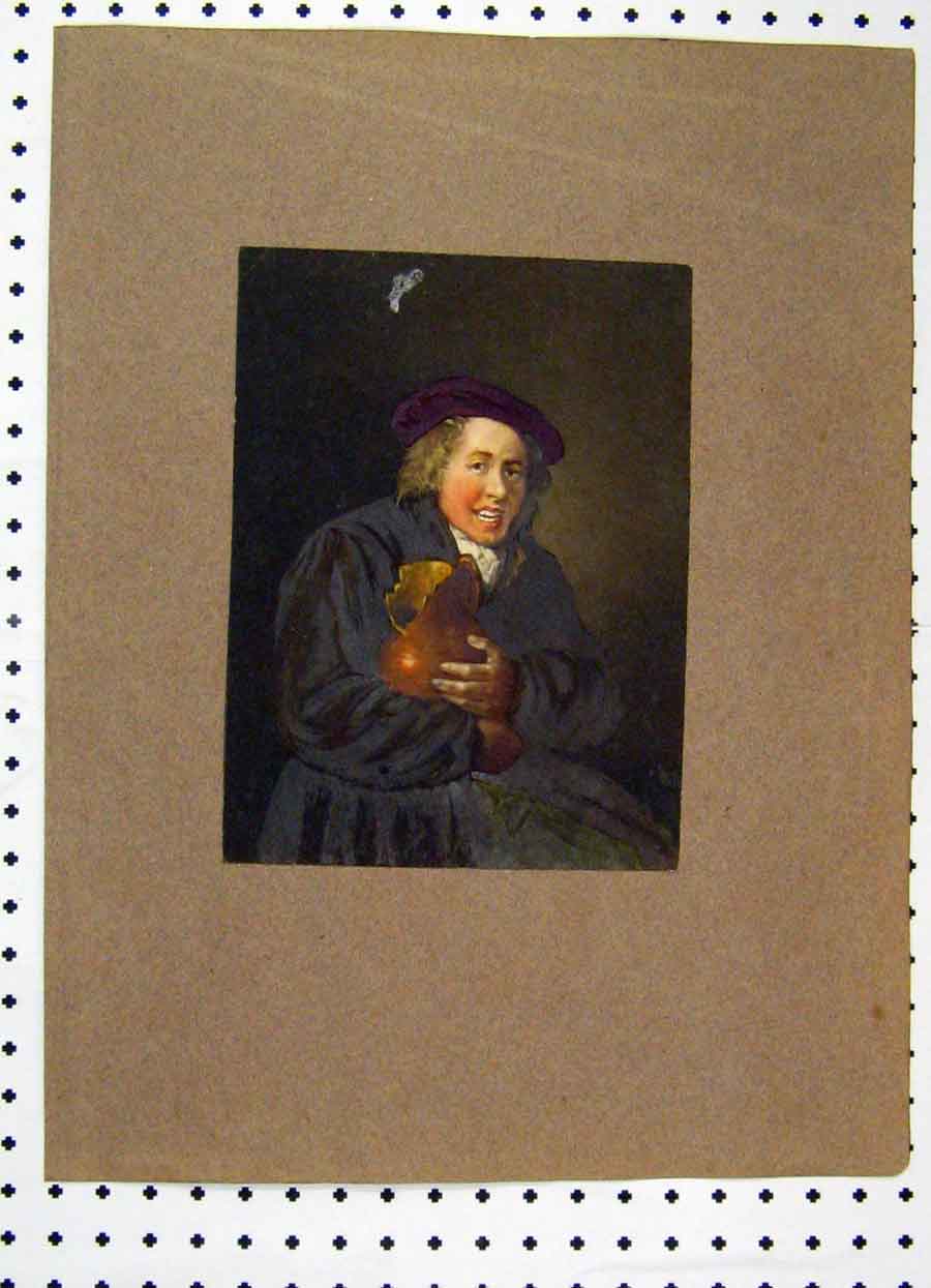 Original Old Antique Print Colour Portrait Man Broken Jug Purple Berry Hat
