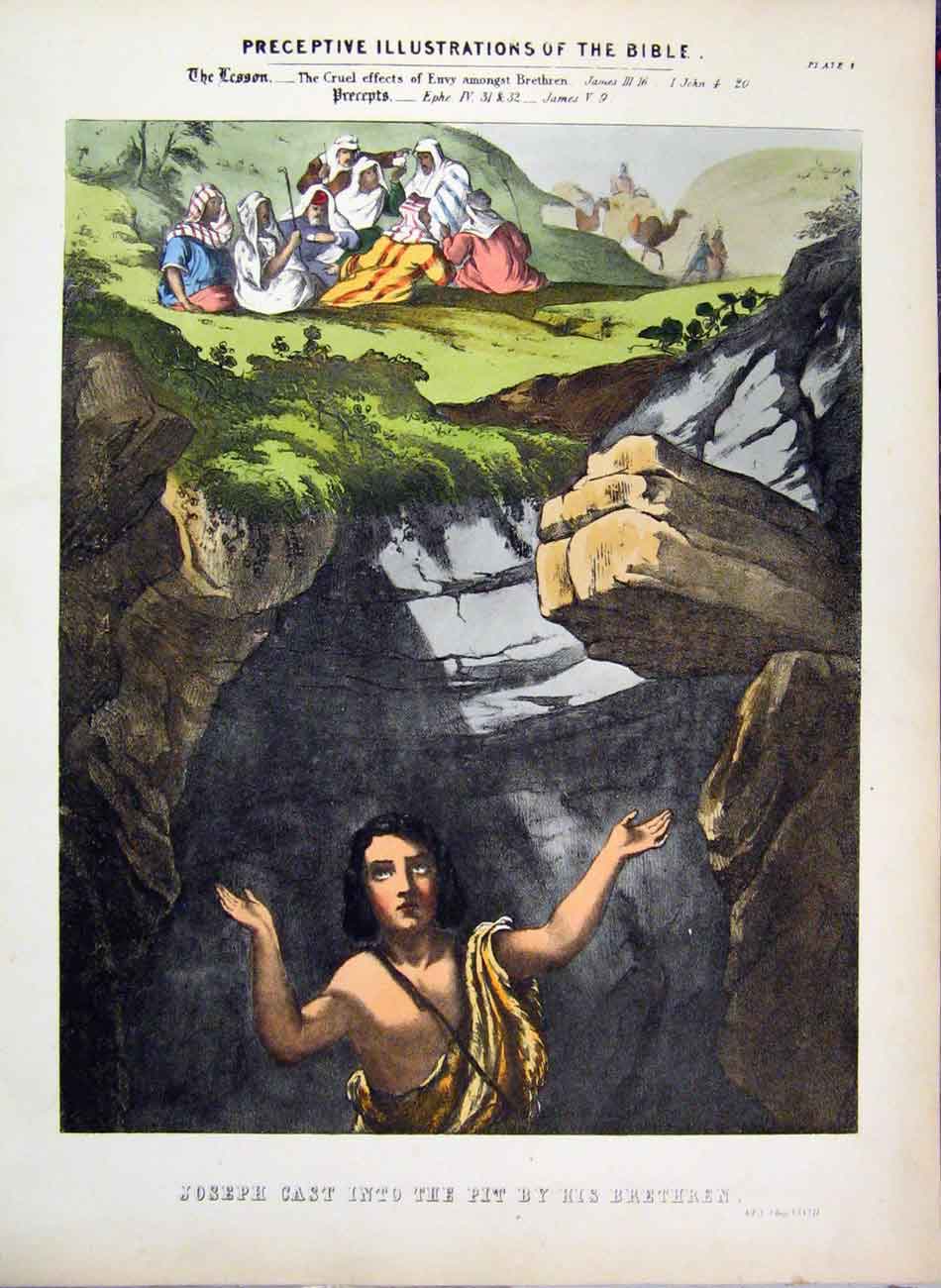 Old Antique Print Joseph Cast Pit Brethren 1870 Illustration Bible Colour 19th