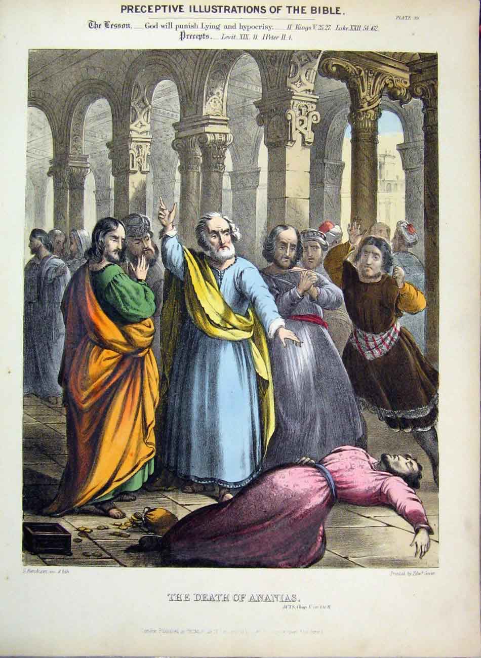 Original Old Antique Print Death Ananias 1870 Illustrations Bible Colour 19th