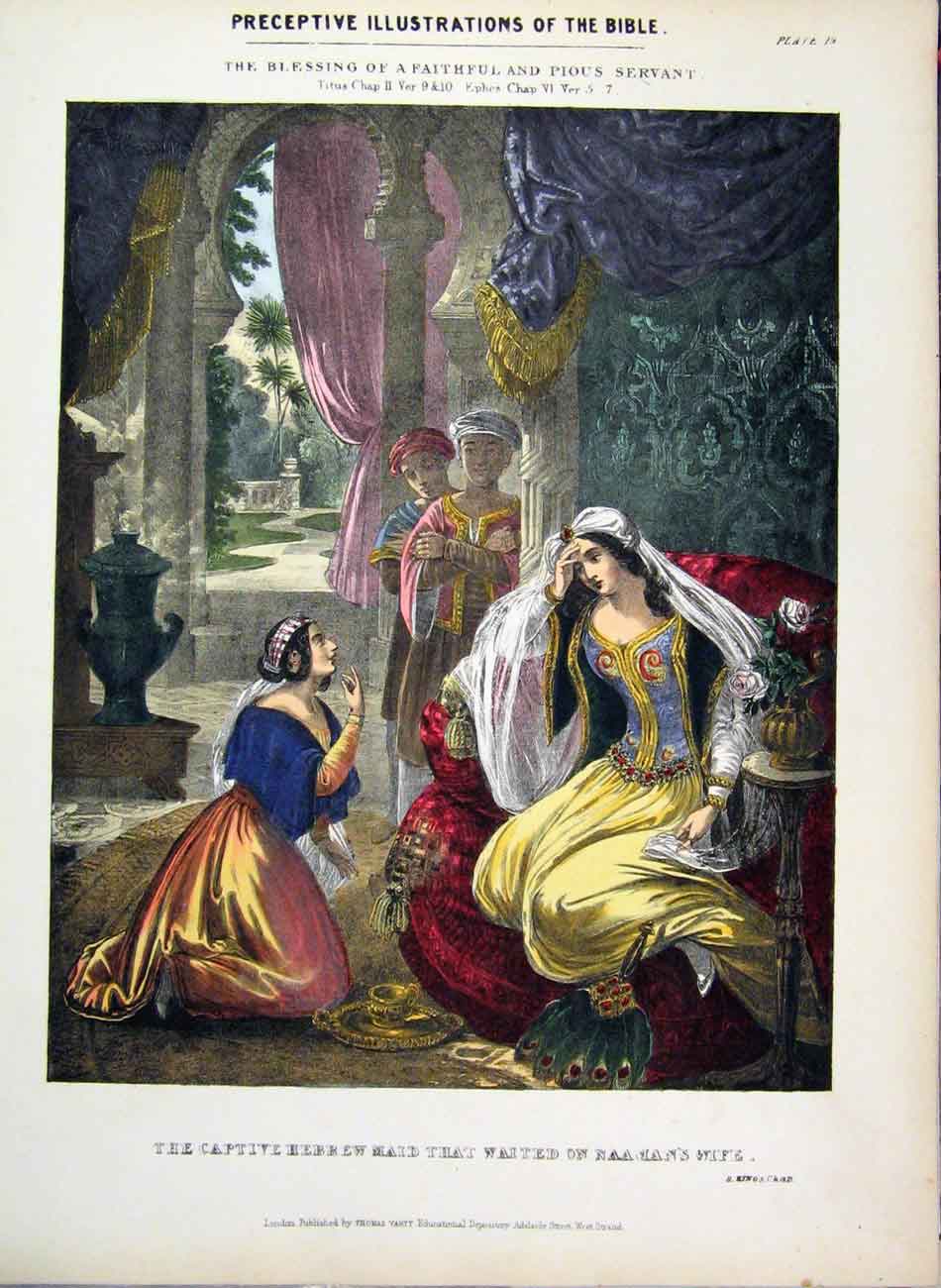 Original Old Antique Print Illustrations Bible 1870 Captive Hebrew Maid Colour