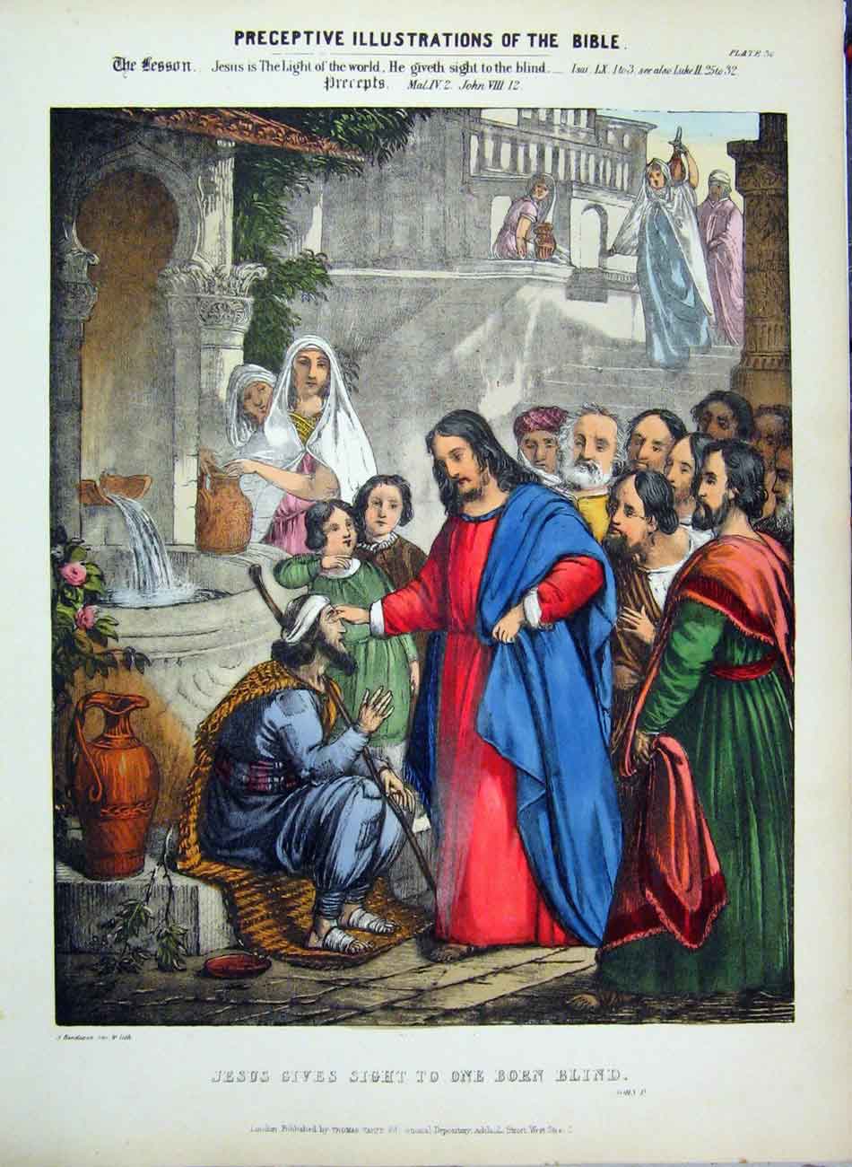 Old Antique Print Illustrations Bible 1870 Jesus Sight Blind Man Colour 19th