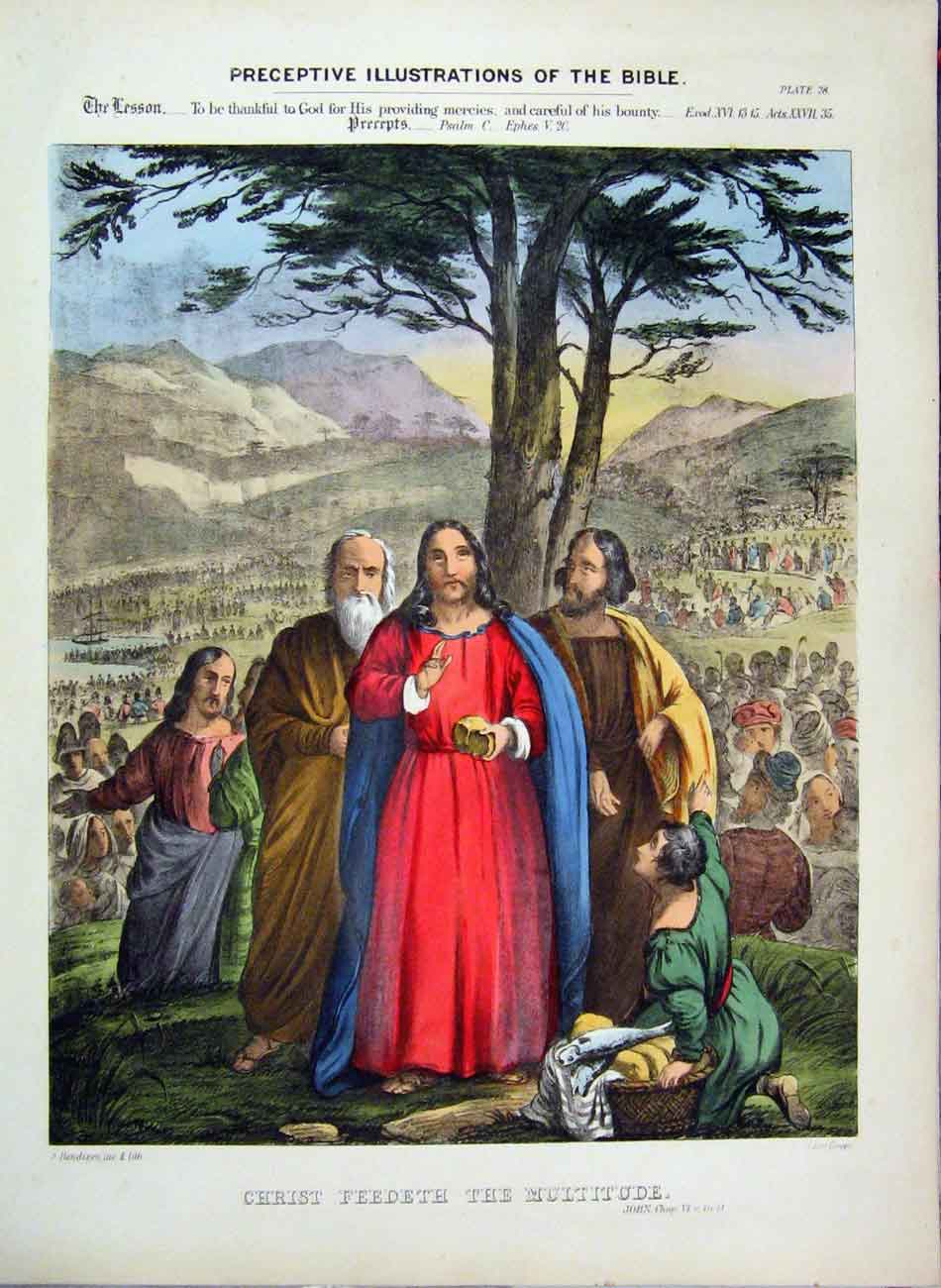 Old Antique Print 1870 Illustrations Bible Christ Feeding People Colour 19th