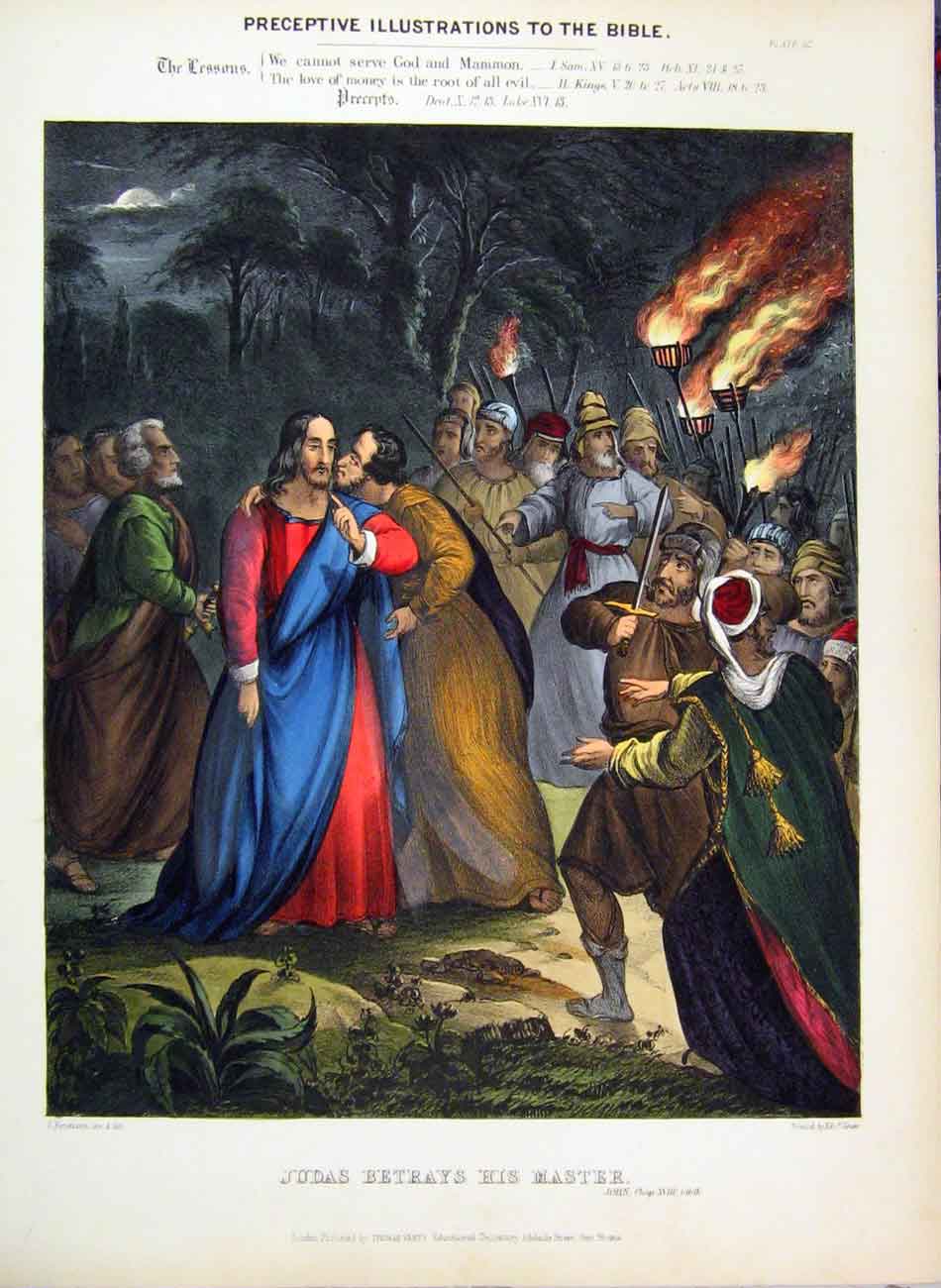 Original Old Antique Print Illustrations Bible Judas Betrays Master 1870 Colour
