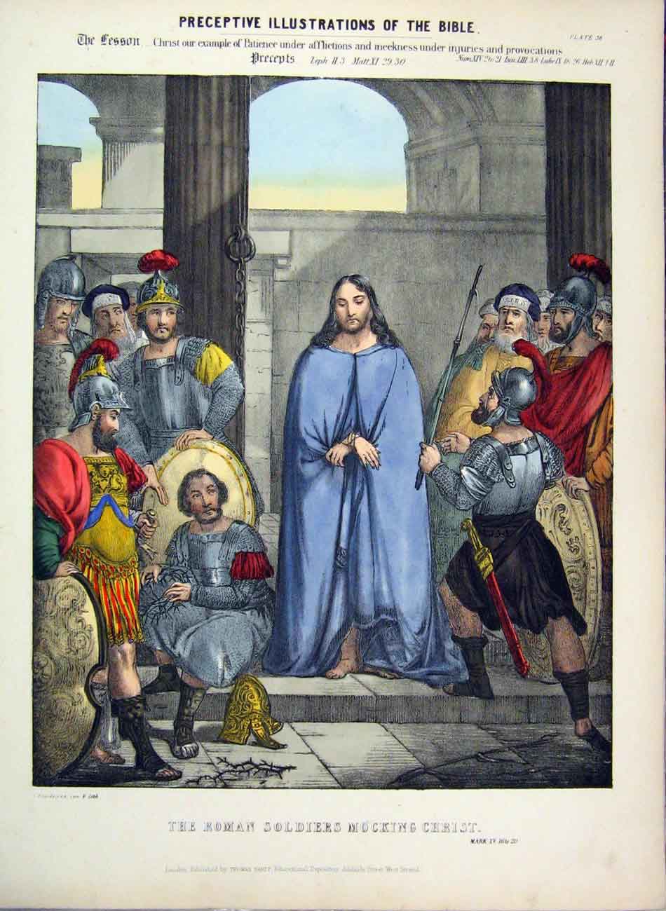 Original Old Antique Print Illustrations Bible 1870 Roman Siers Mocking Christ
