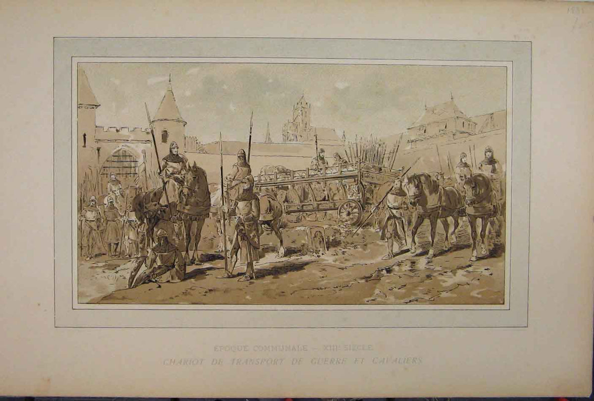 Original Old Antique Print Brussells Exhibition 1885 Horses Chariot Transport