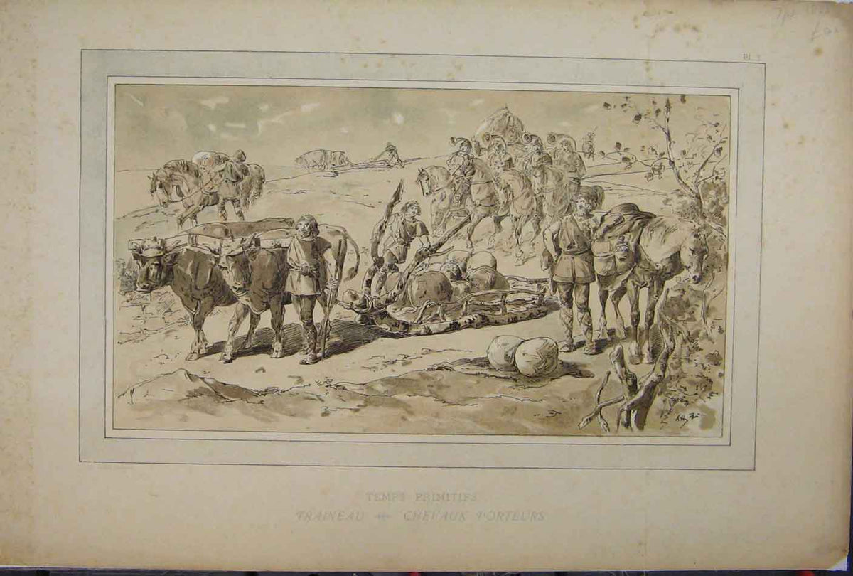 Original Old Antique Print 1885 Brussells Exhibition Horses Cows Men Transport