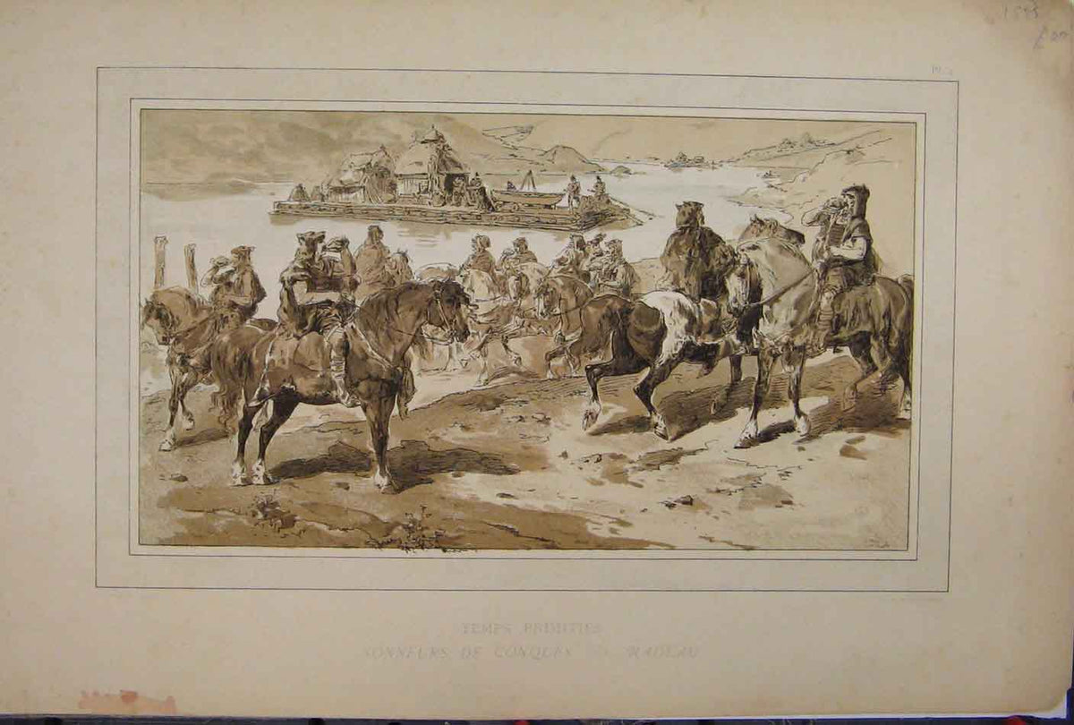 Original Old Antique Print 1885 Brussells Exhibition Horses Men River Boat 19th