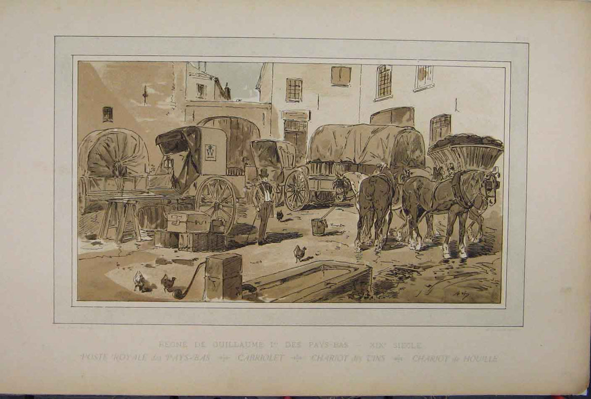 Original Old Antique Print Chariot Horses 1885 Brussells Exhibition Transport