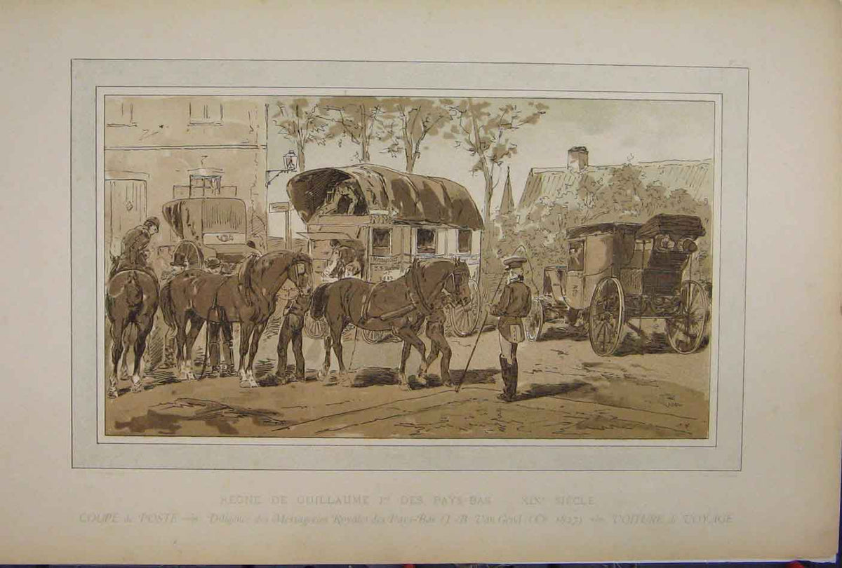 Original Old Antique Print Horse Coach Transport 1885 Brussells Exhibition 19th