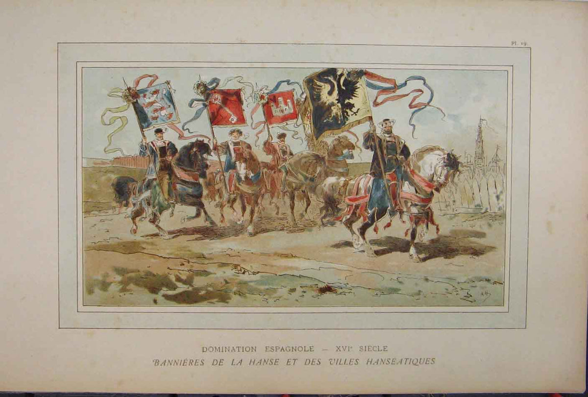 Original Old Antique Print Colour 1885 Royal Horses Flags Brussells March 19th