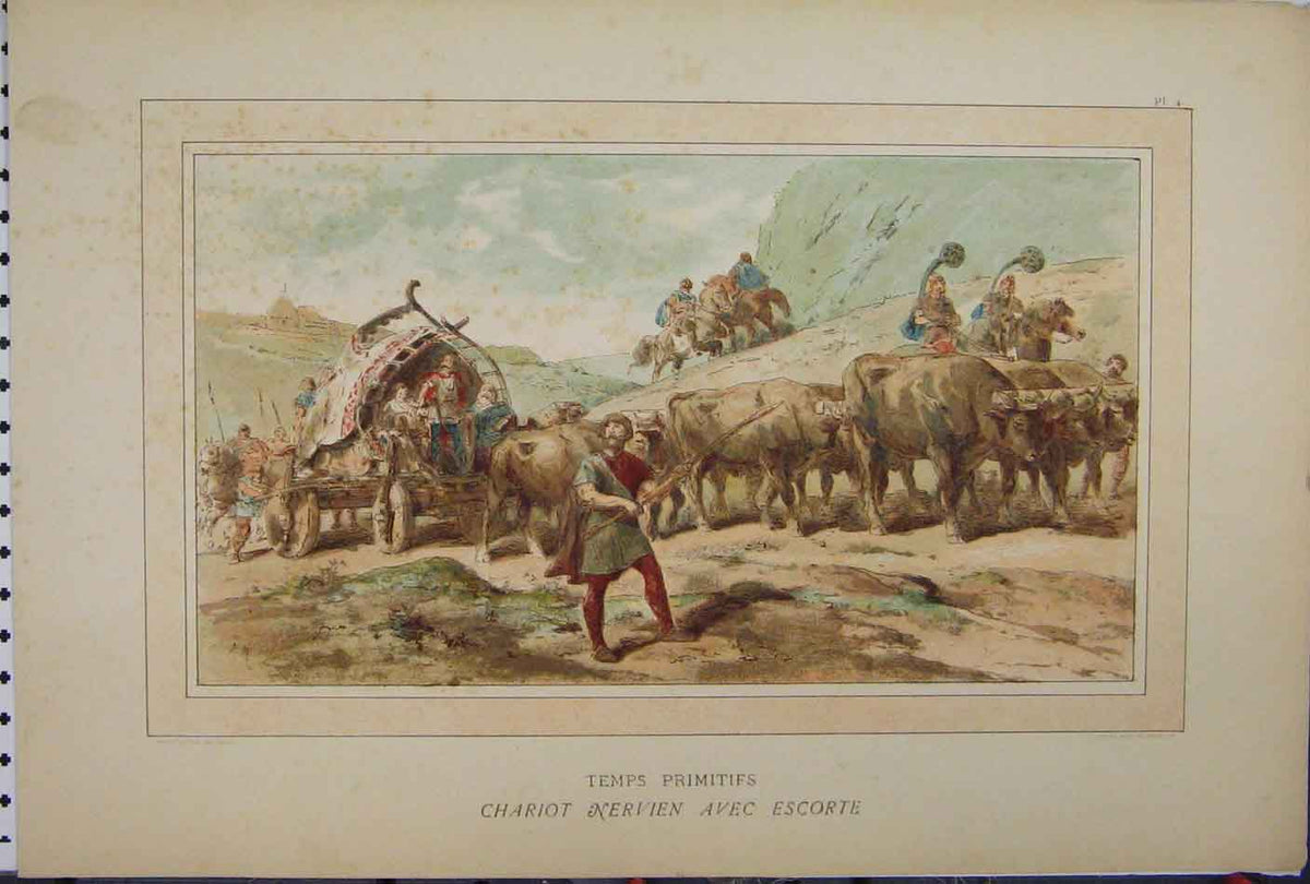 Original Old Antique Print Colour 1885 Primitive Brussells Cow Chariot Horse
