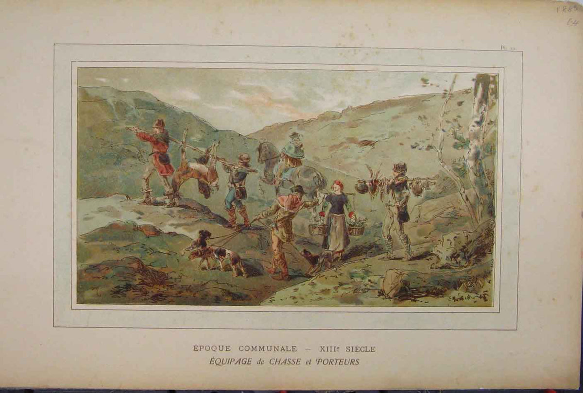 Original Old Antique Print Colour Men Hunting Deer Dog 1885 Brussells Horse