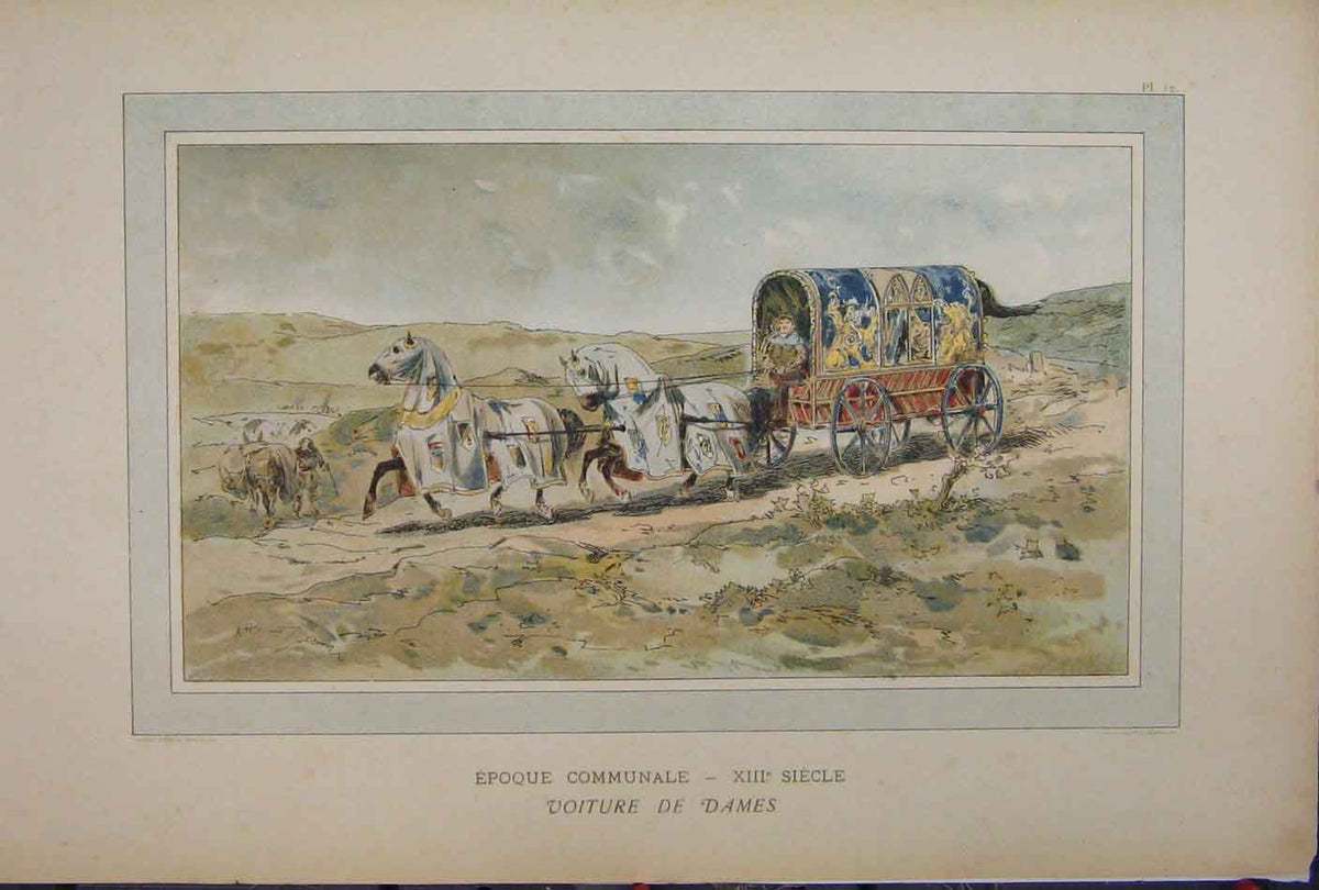 Original Old Antique Print Colour 1885 Brussells Exhibition Horses Carriage